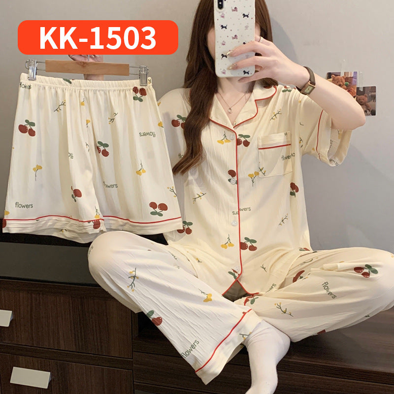 Women’s Korean Style Striped Bow 3-Piece Pajama Set