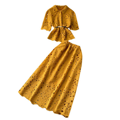 Women’s Ruffled Shirt & Pleated Midi Skirt Set