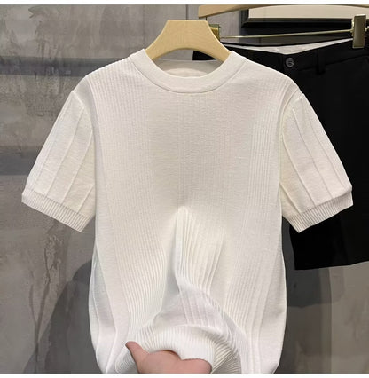 Men’s Vertical Stripe Knitted Short Sleeve T-Shirt
