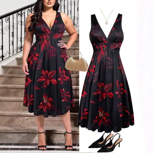 Plus Size Bohemian V-Neck Pleated Dress