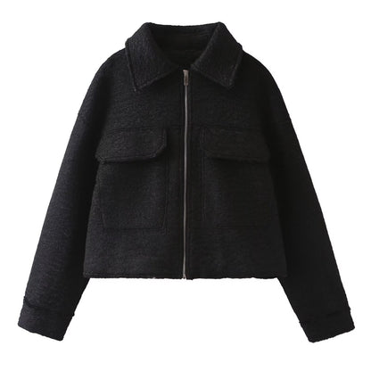 Women’s Woolen Lapel Pocket Jacket
