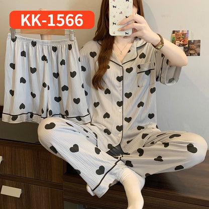 Women’s Korean Style Striped Bow 3-Piece Pajama Set