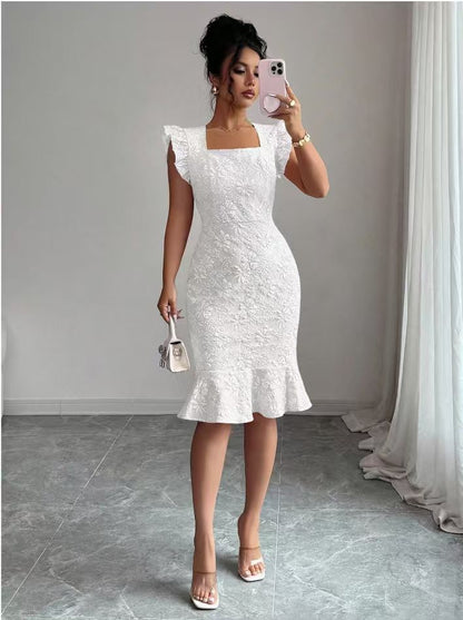 Elegant White Jacquard Mermaid Dres