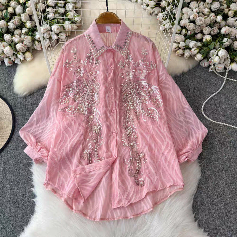 Women’s Sequin Embroidered Balloon Sleeve Blouse