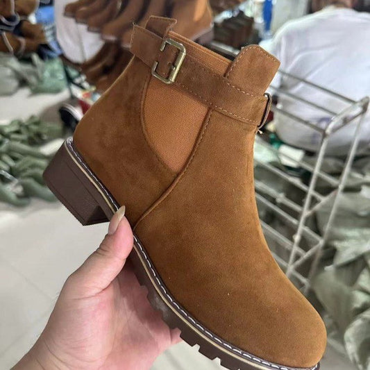 Women’s Elastic Belt Buckle Mid-Calf Martin Boots