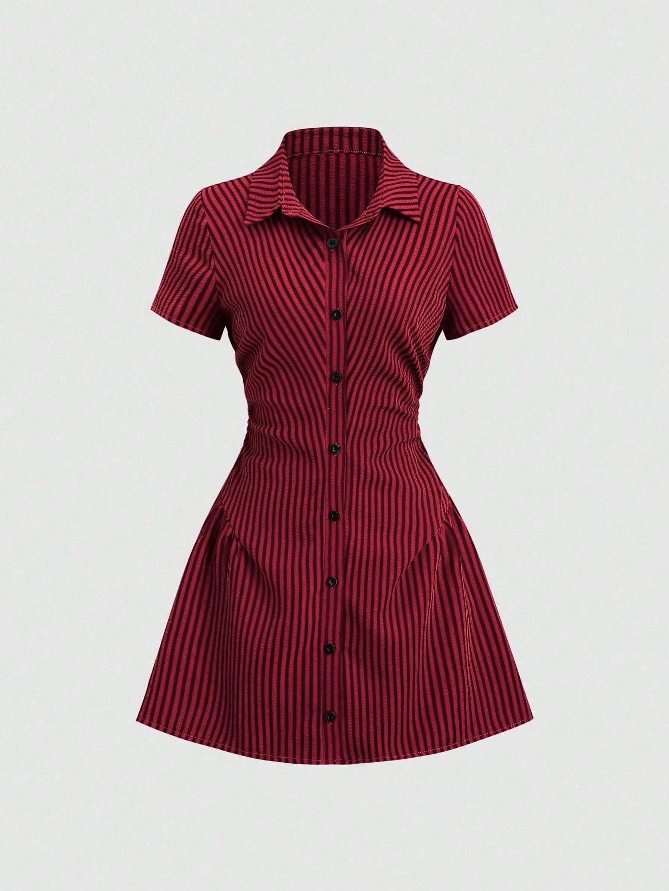 Women’s Puff Sleeve V-Neck Pleated Shirt Dress