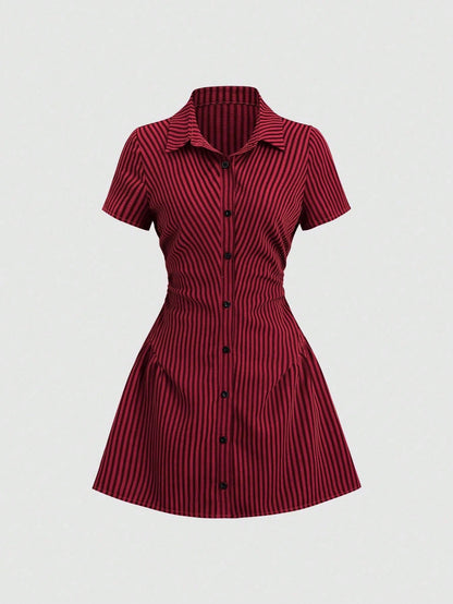 Women’s Puff Sleeve V-Neck Pleated Shirt Dress