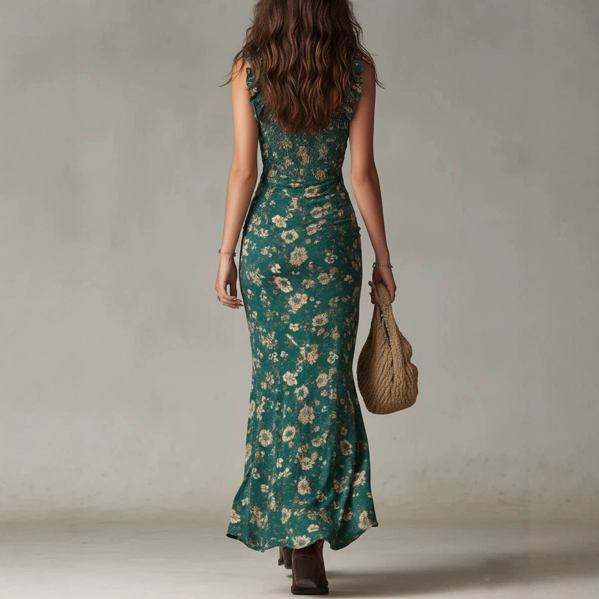 Bohemian Ruffled Sleeveless High Slit Dress