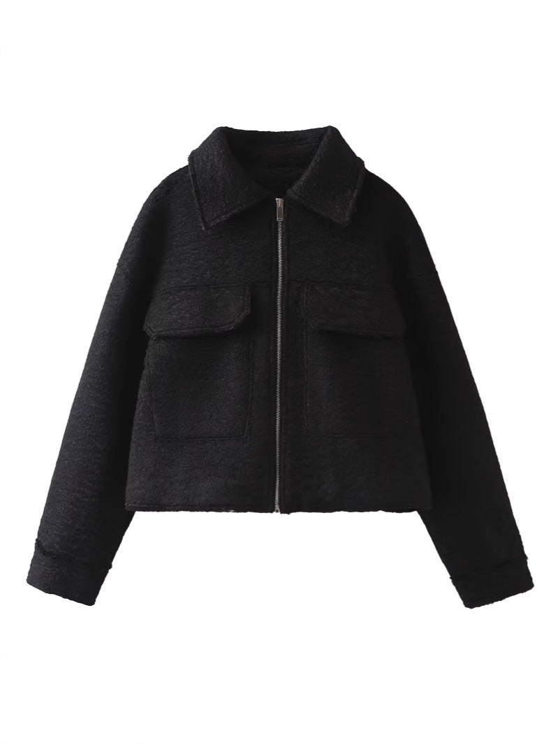 Women’s Woolen Lapel Pocket Jacket