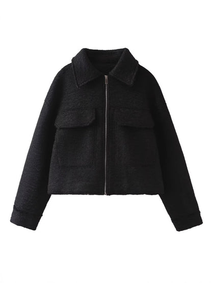 Women’s Woolen Lapel Pocket Jacket
