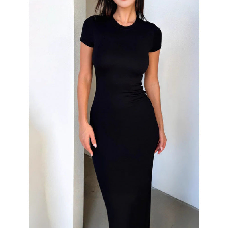 Women’s Solid Color Slim Fit Short Sleeve Midi Dress