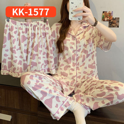 Women’s Korean Style Striped Bow 3-Piece Pajama Set
