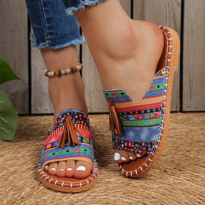 Women’s Tassel One-Strap Flat Beach Slippers