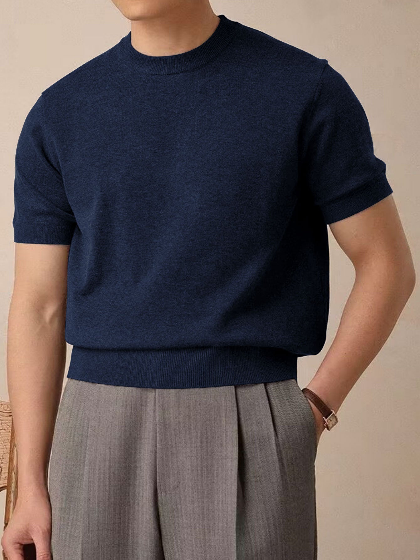 Men’s Korean Style Ice Silk Knitted Crew Neck T-Shirt