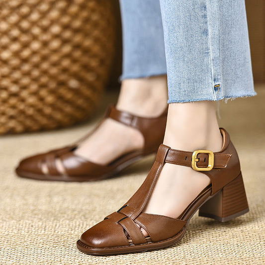 Women’s Square-Toe Chunky Heel Hollow Cage Sandal