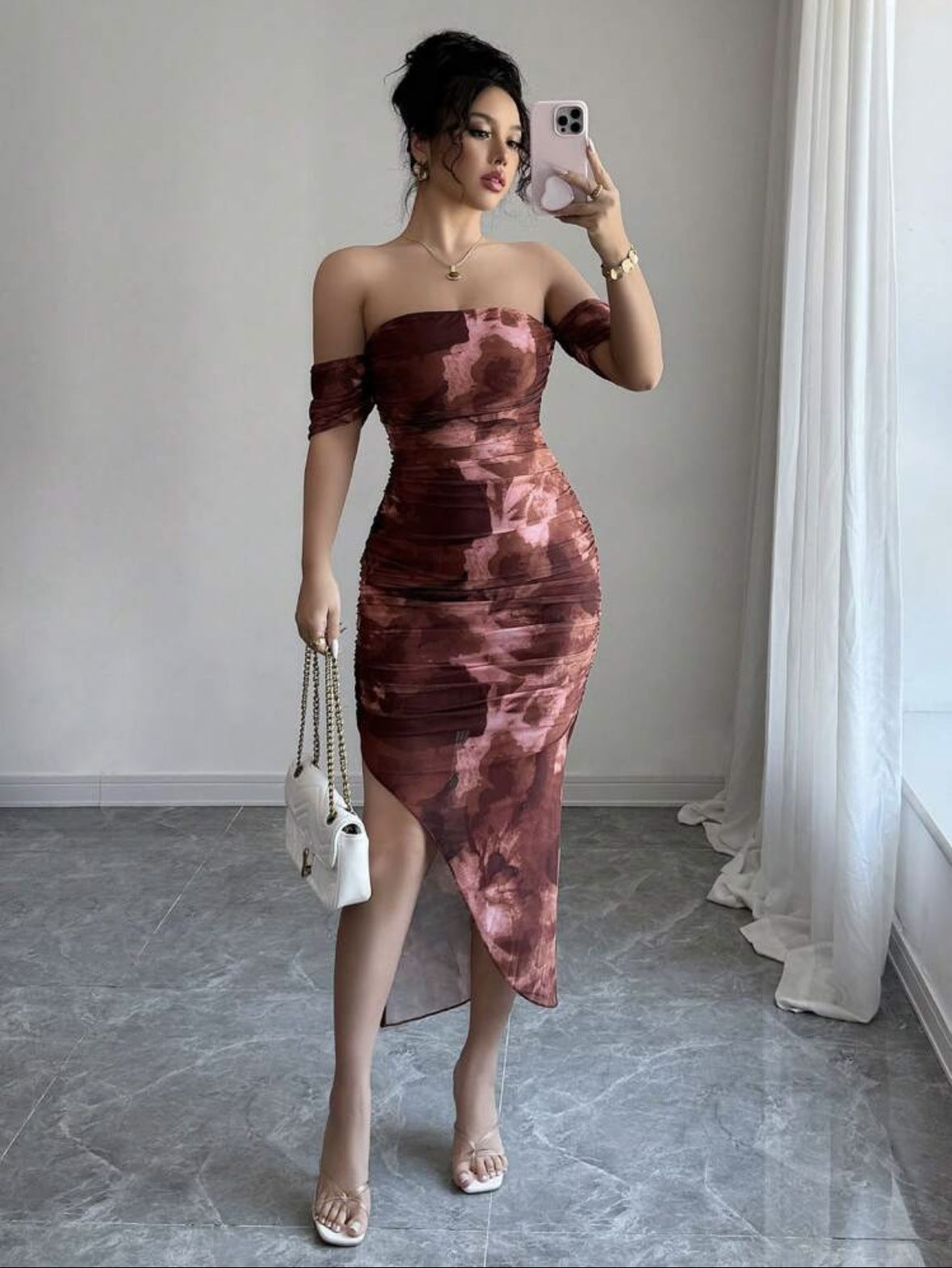 Women’s Off-Shoulder Tie-Dye Mesh Slit Pencil Dress