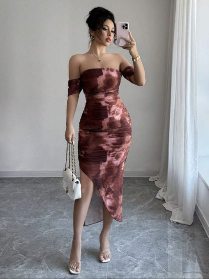 Women’s Off-Shoulder Tie-Dye Mesh Slit Pencil Dress