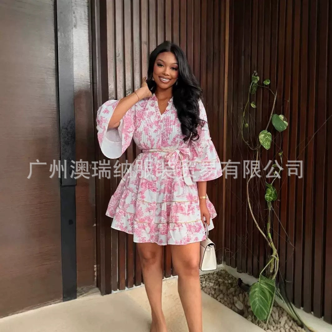 Women’s V-Neck Flared Sleeve Ruffle Dress