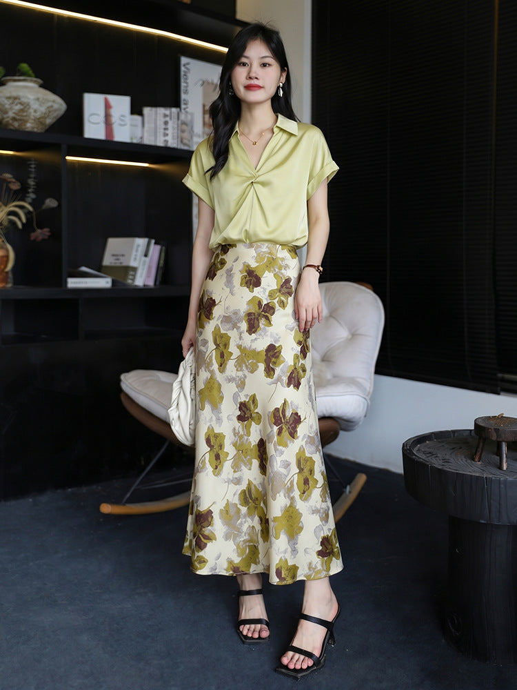 Women’s Acetate Satin Green Midi Mermaid Skirt