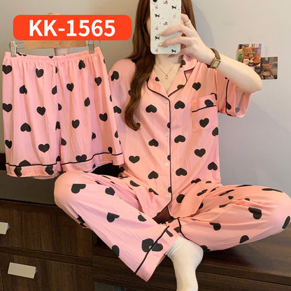 Women’s Korean Style Striped Bow 3-Piece Pajama Set