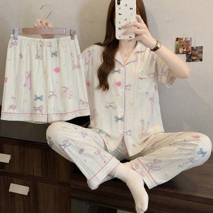 Women’s Korean Style Striped Bow 3-Piece Pajama Set