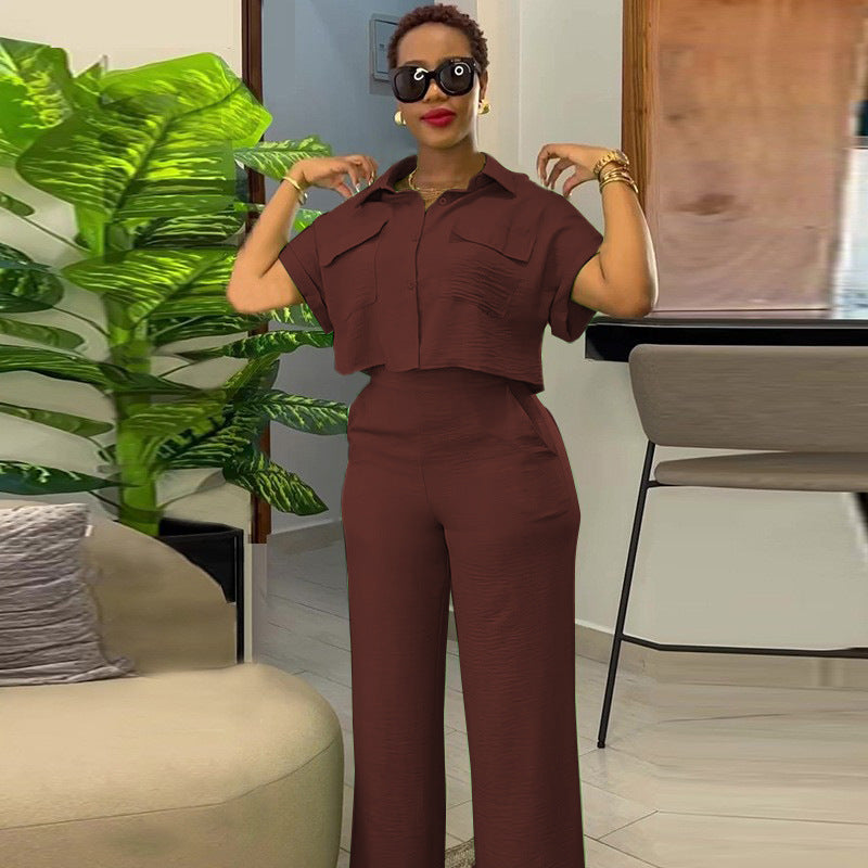 Women’s Lapel Short Sleeve Shirt & Wide Leg Pants Set