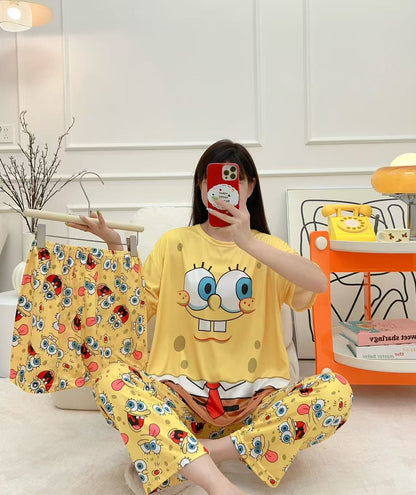 Women’s Double-Sided Milk Silk Cartoon Pajama Set (3-Piece)