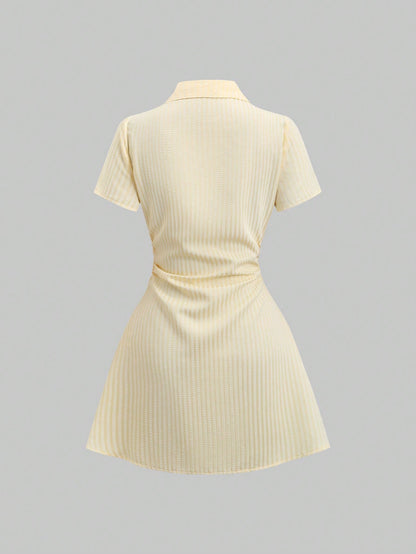 Women’s Puff Sleeve V-Neck Pleated Shirt Dress