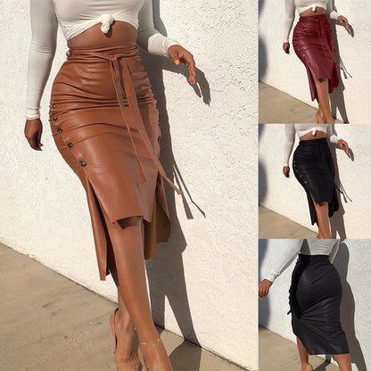 Women’s PU Leather Slit Midi Pencil Skirt