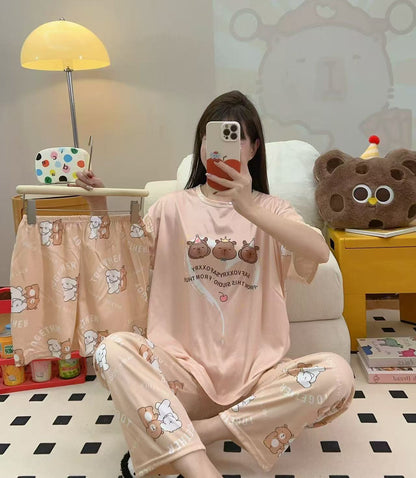 Women’s Double-Sided Milk Silk Cartoon Pajama Set (3-Piece)