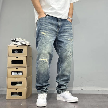 Men’s Ripped Patchwork Straight-Leg Denim Jeans
