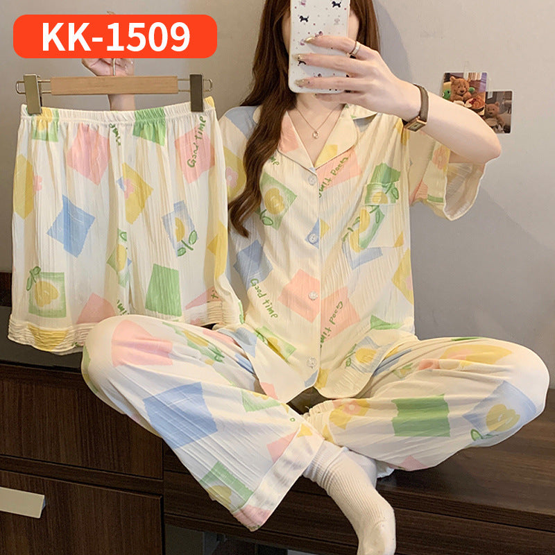 Women’s Korean Style Striped Bow 3-Piece Pajama Set