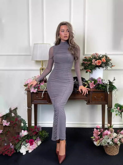 Women’s Elegant High-Neck Pleated Slim Midi Dress