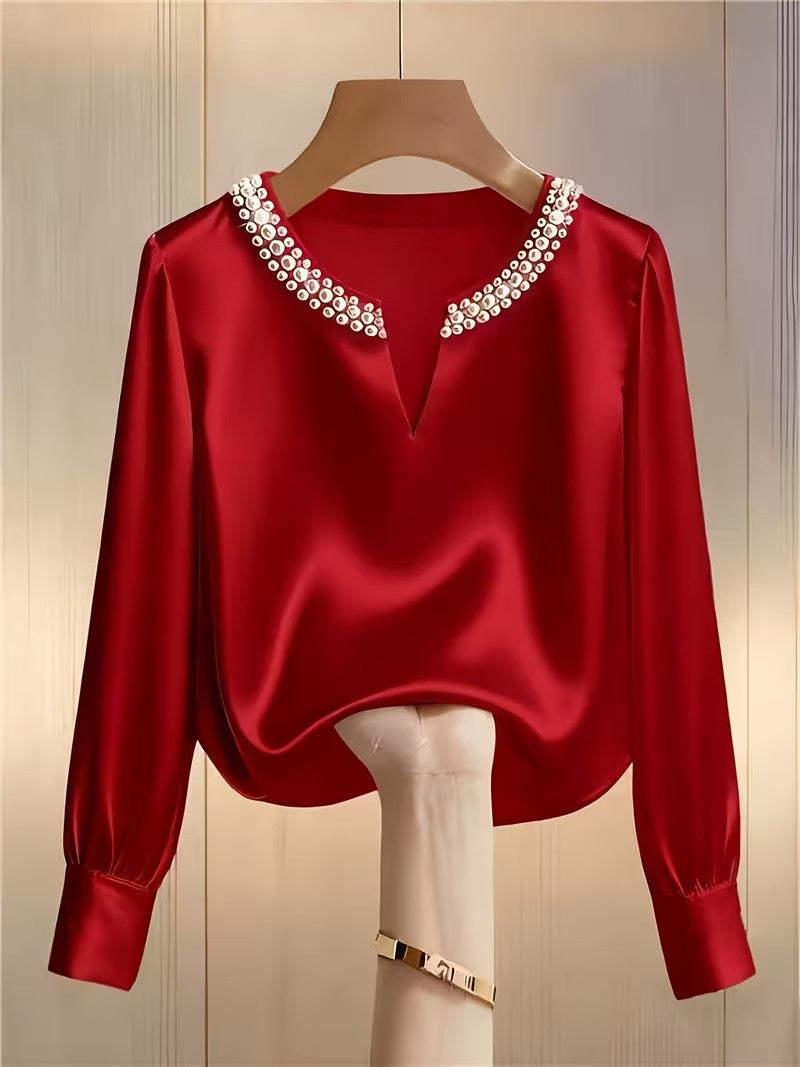 Women’s French Satin Pearl V-Neck Blouse