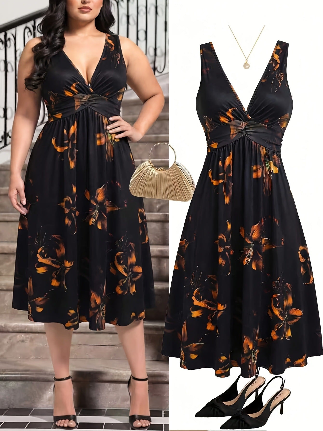 Plus Size Bohemian V-Neck Pleated Dress