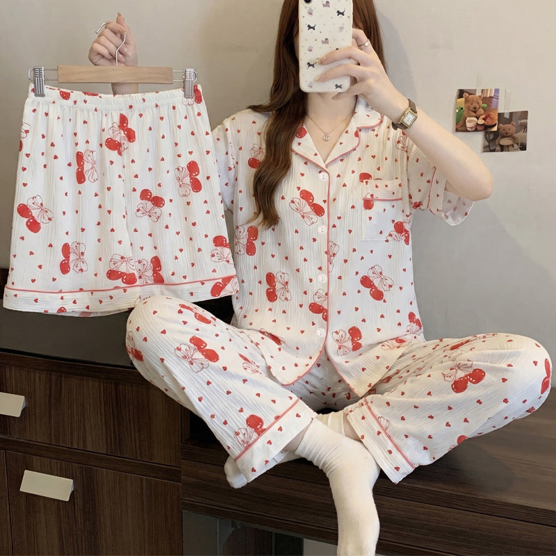 Women’s Korean Style Striped Bow 3-Piece Pajama Set