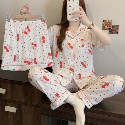 Women’s Korean Style Striped Bow 3-Piece Pajama Set
