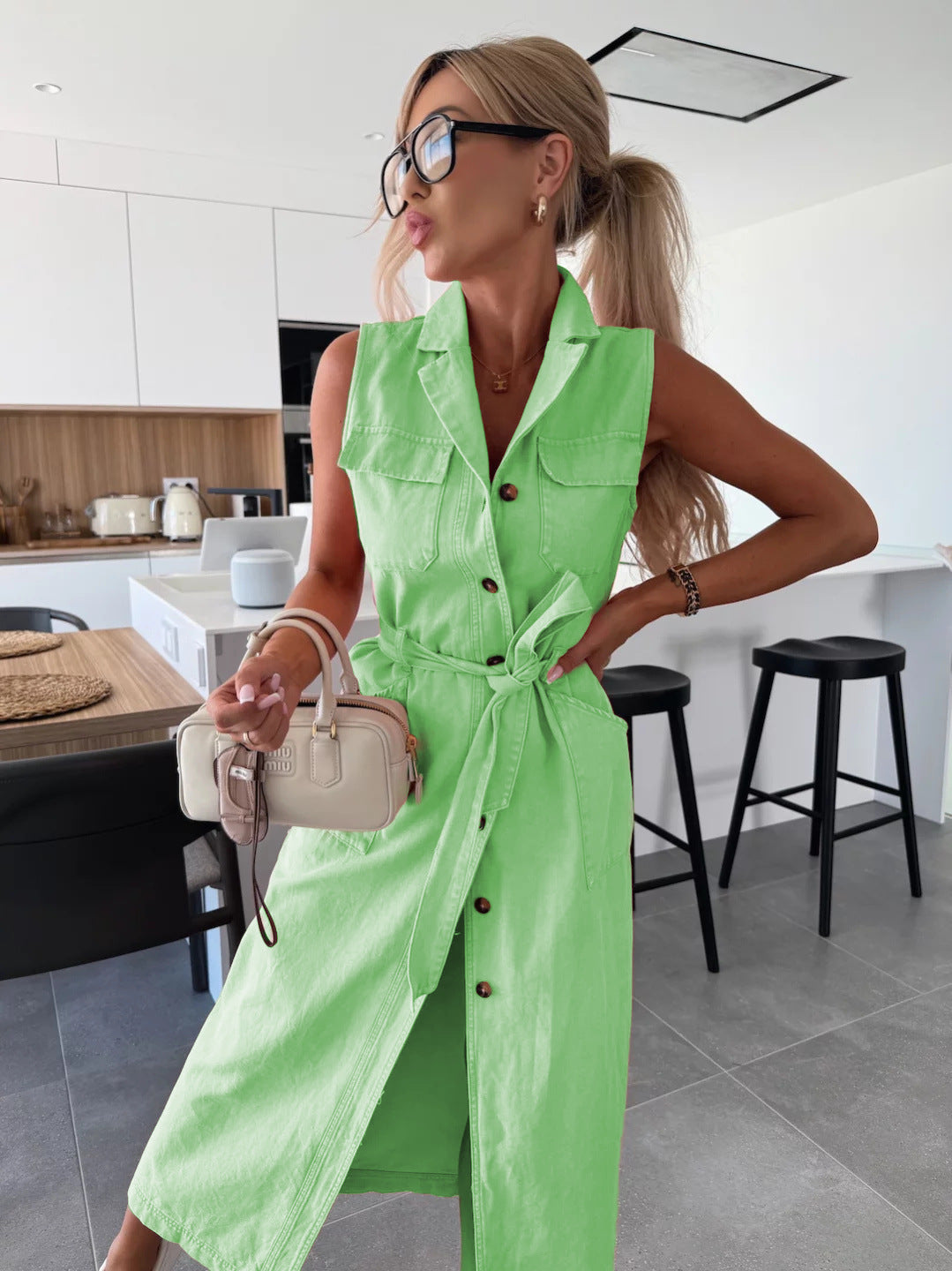 Women’s Sleeveless Lace-Up Waist Denim Dress