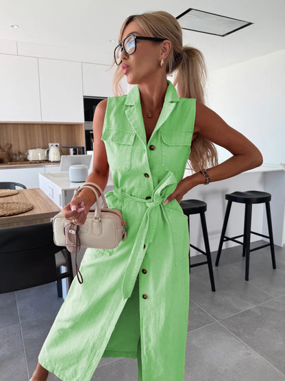 Women’s Sleeveless Lace-Up Waist Denim Dress