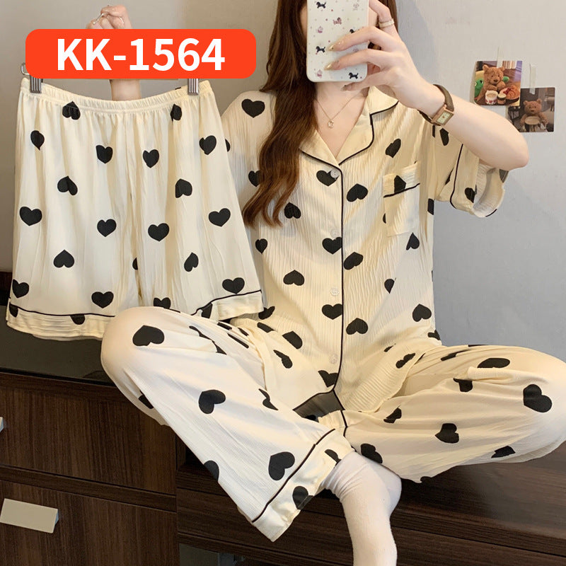 Women’s Korean Style Striped Bow 3-Piece Pajama Set