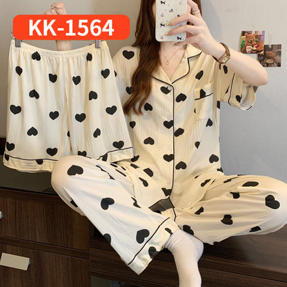 Women’s Korean Style Striped Bow 3-Piece Pajama Set
