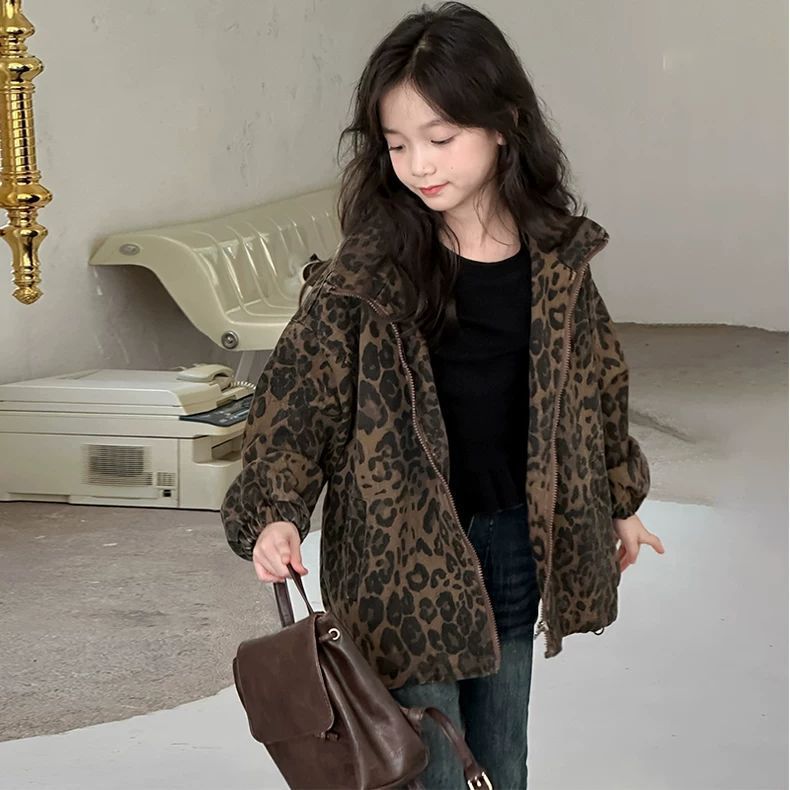 Girls’ Leopard Print Zip-Up Casual Jacket