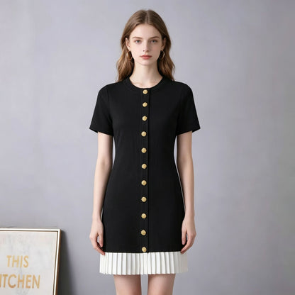 Women’s French Patchwork Knit Pleated Short Sleeve Dress
