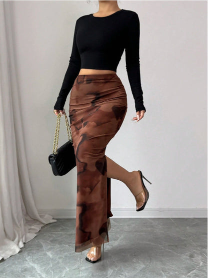 Women’s High-Waist Mesh Slit Midi Skirt