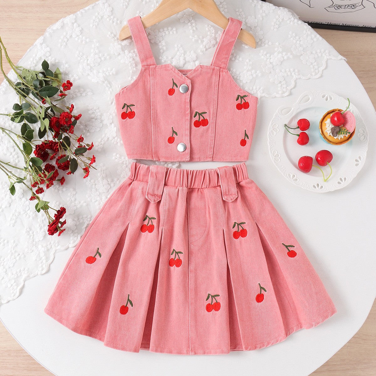 Women’s Embroidered Denim Vest & Cotton Skirt Set