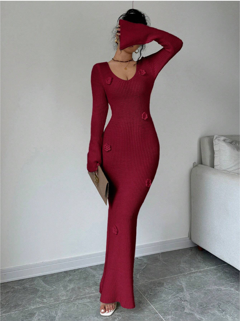 Women’s V-Neck Knit Mermaid Bodycon Dress