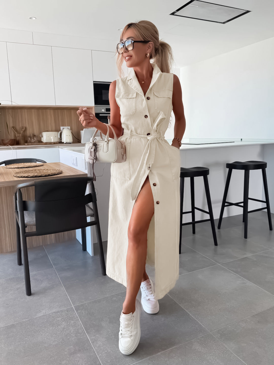 Women’s Sleeveless Lace-Up Waist Denim Dress