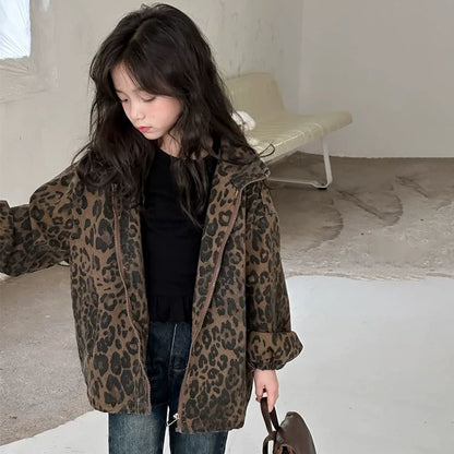 Girls’ Leopard Print Zip-Up Casual Jacket