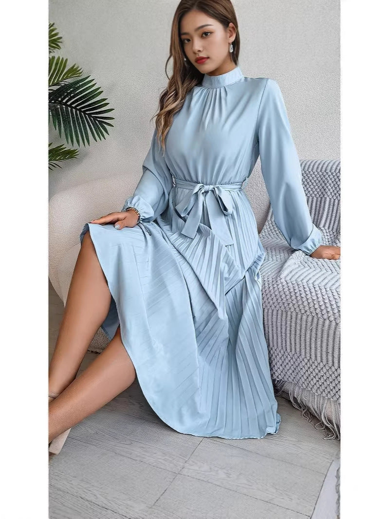 Women’s Elegant Pleated Stand Collar Long Gown