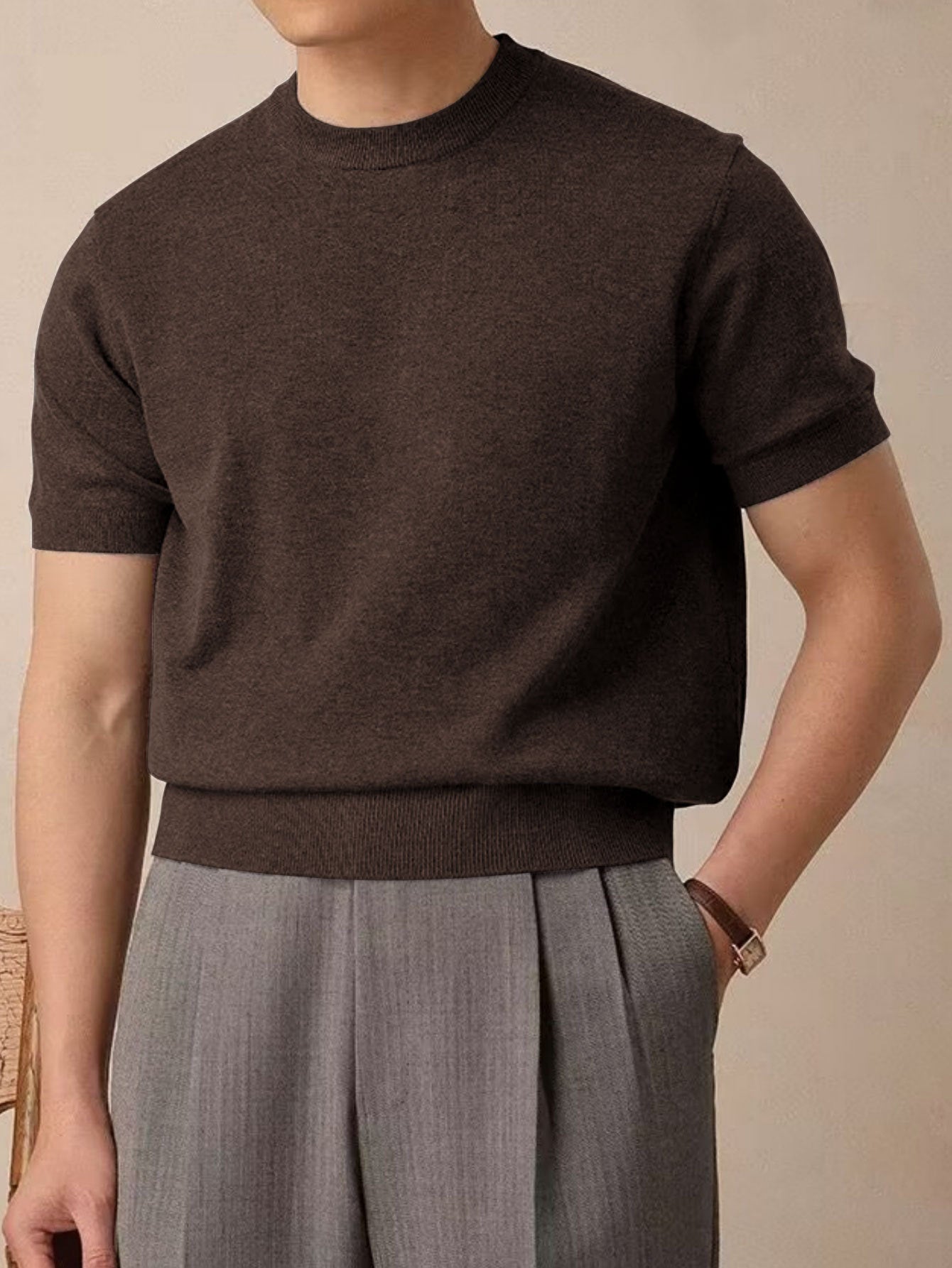 Men’s Korean Style Ice Silk Knitted Crew Neck T-Shirt